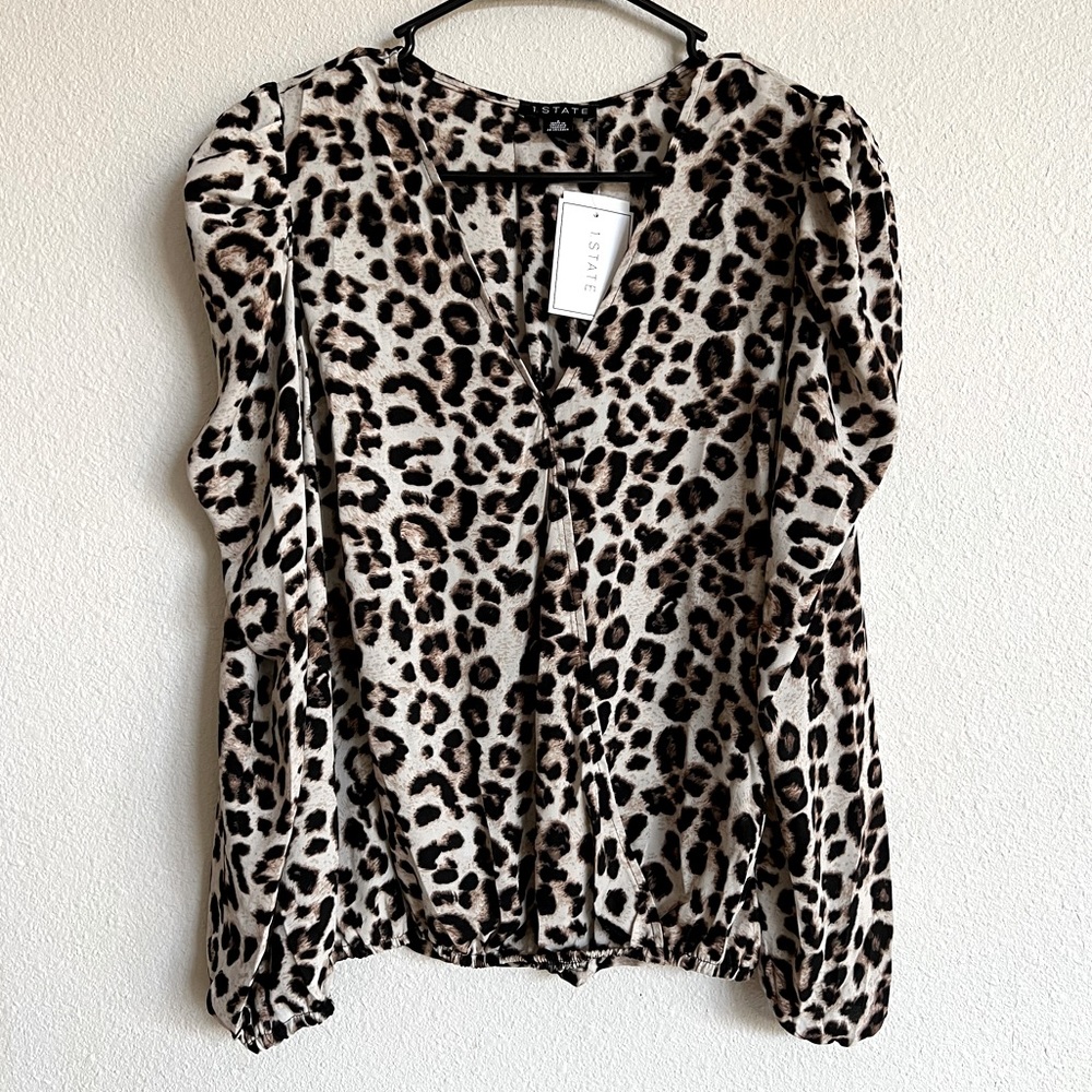 NWT 1.State Cheetah Print Long Sleeve Faux Wrap Surplice Blouse